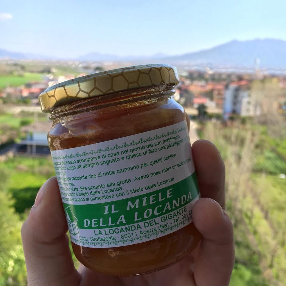 Un vasetto del miele della Locanda, con la piana di Acerra sullo sfondo